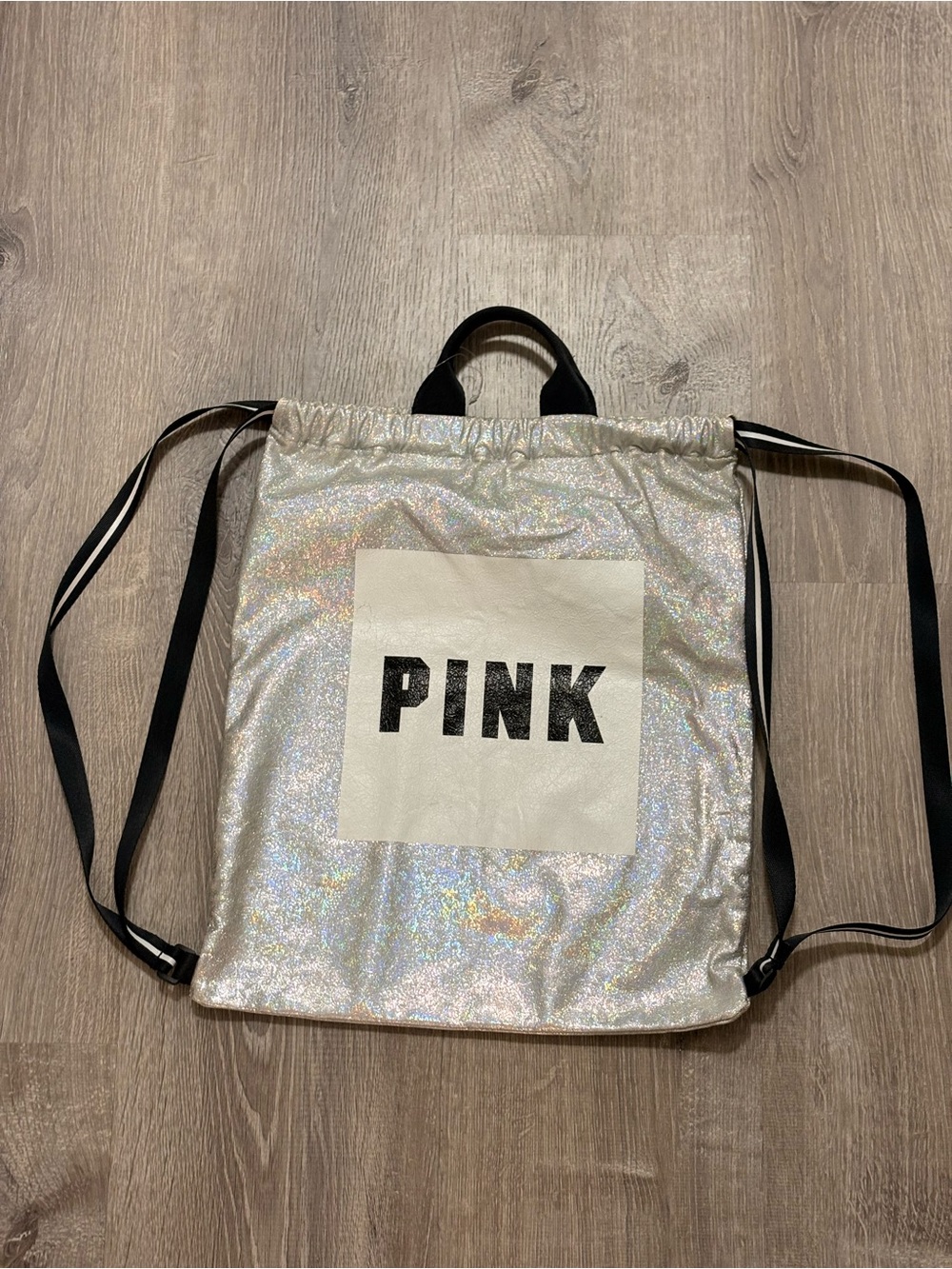 PINK Victoria's Secret Iridescent Silver Drawstring Backpack with Black Logo